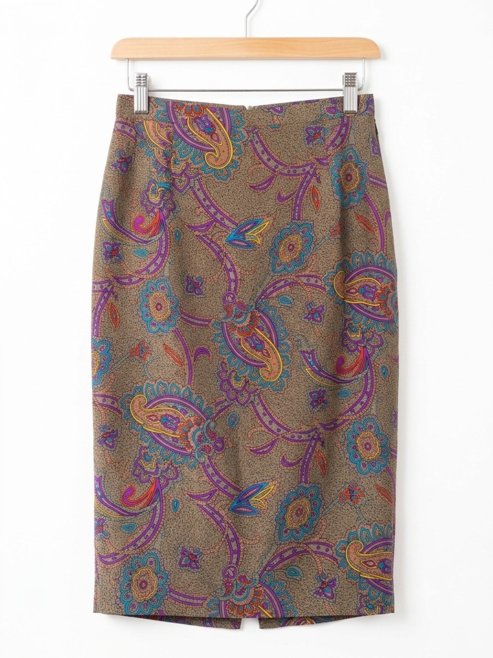 Vintage 100% Silk Paisley Pencil Skirt 10 M Brown Purple Jewel Tone Academia